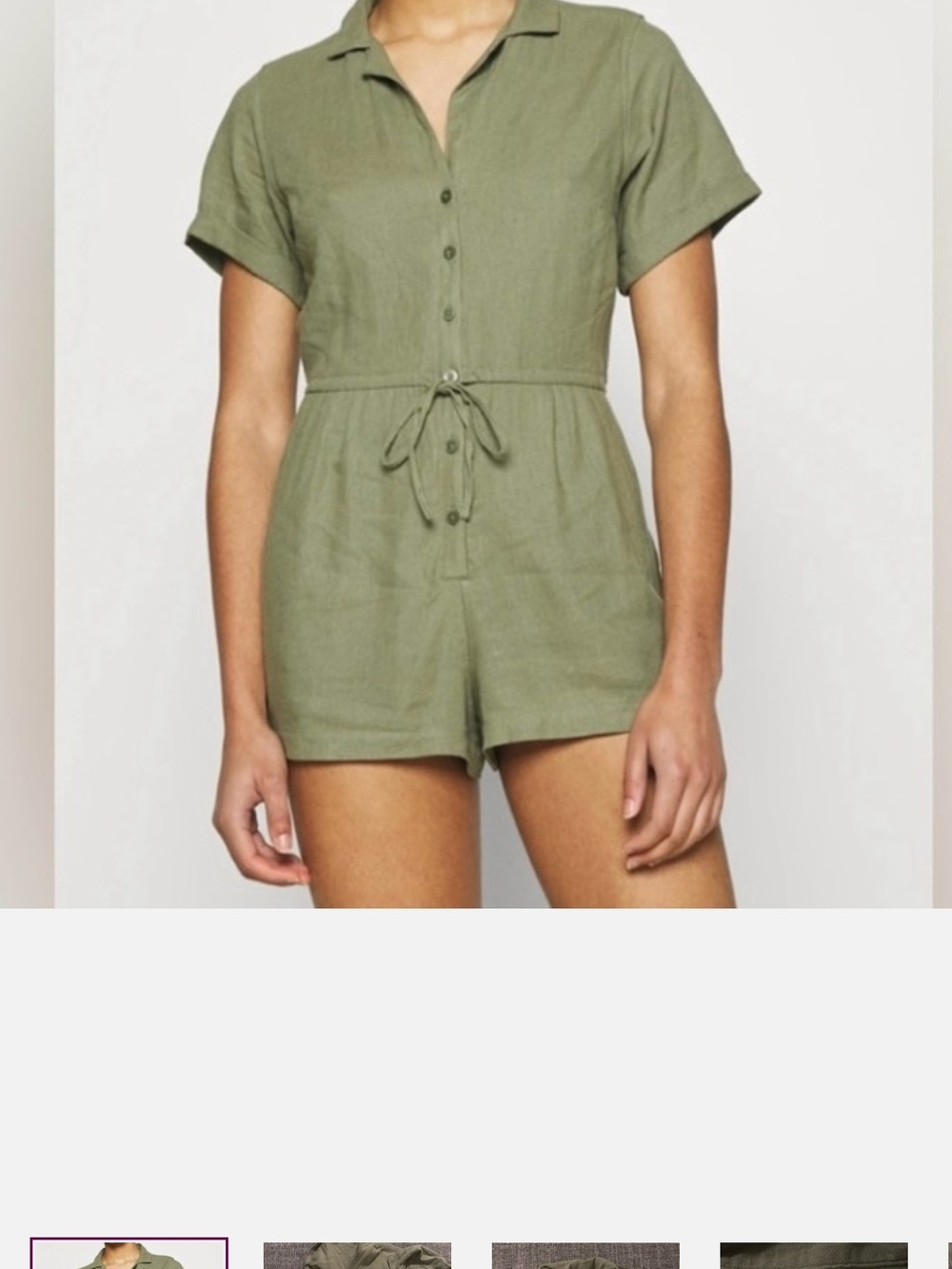 Abercrombie & Fitch Short-Sleeve Button Romper in Olive Linen Blend